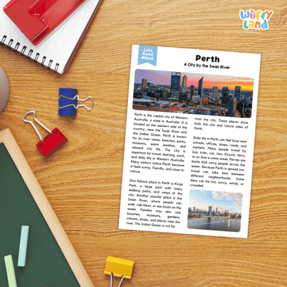 Lined reading comprehension question worksheet covering main ideas vocabulary terms and landmark facts about Perth Western Australia