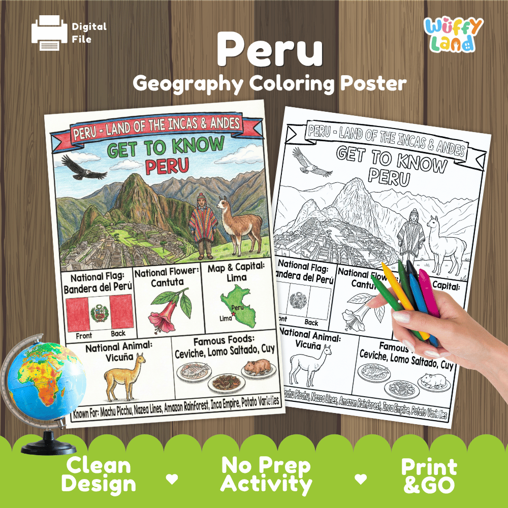 Peru Geography Coloring Poster and Fact Sheet Printables