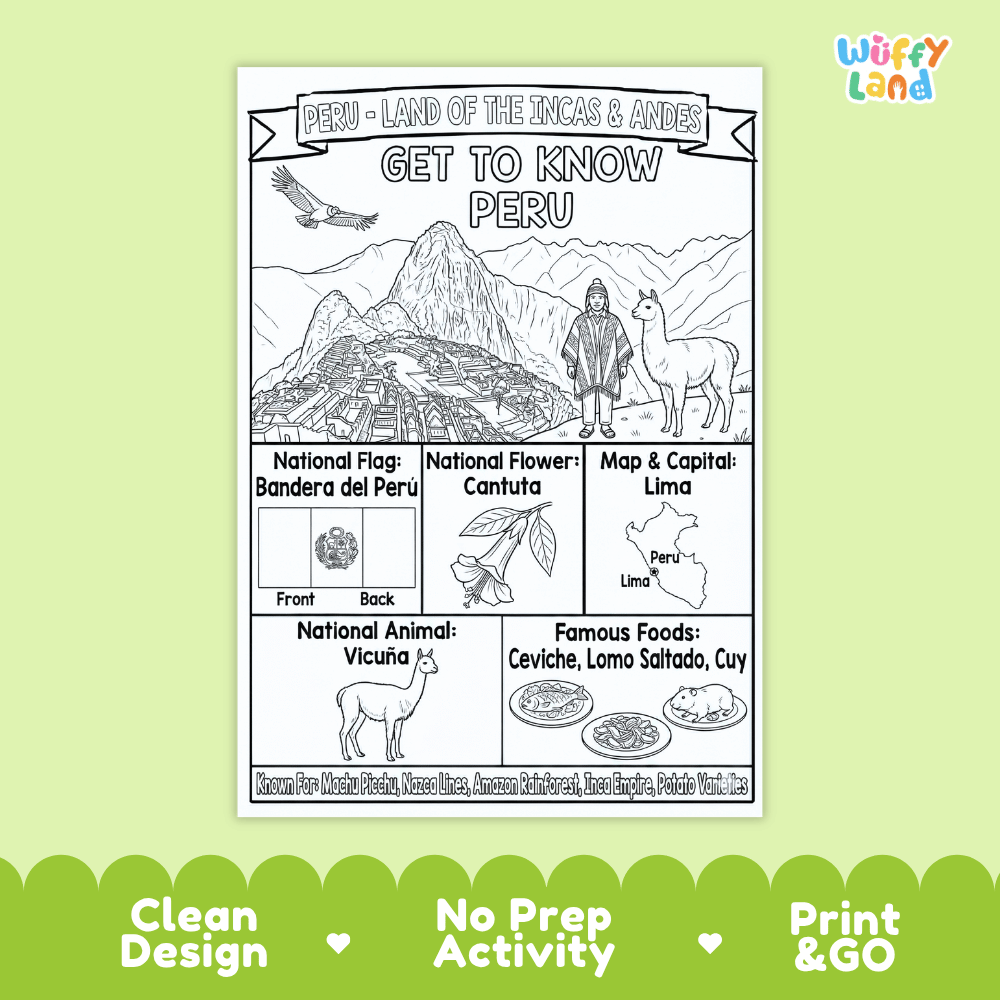 Peru Geography Coloring Poster and Fact Sheet Printables