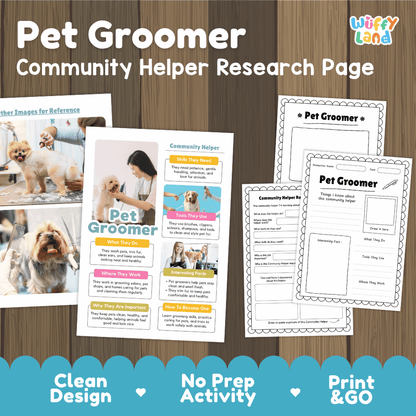 Pet groomer community helper research page writing worksheets pack featuring real photos and student activity pages for elementary social studies and animal care