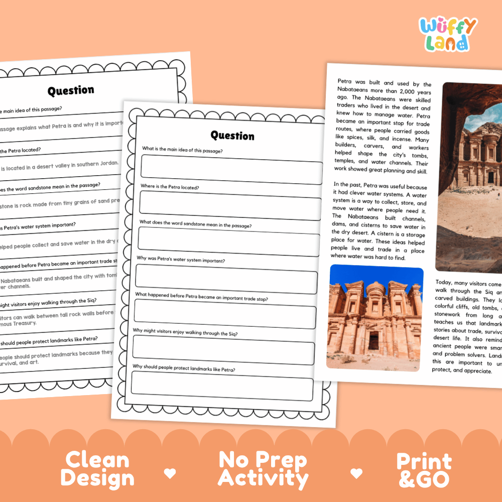 Petra Landmark Reading Passages and Comprehension Worksheets