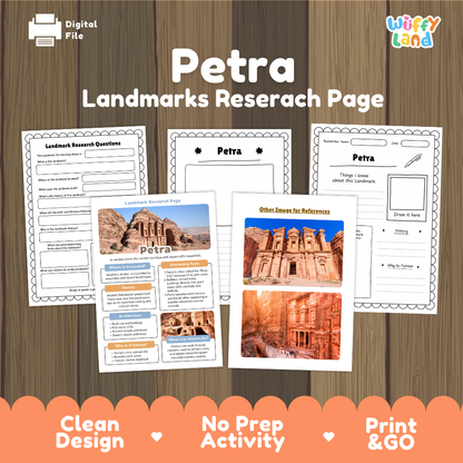 Digital preview of a 'Petra Landmarks Research Page' activity sheet set by Wiffy Land, displayed on a wood-grain background with an orange banner at the bottom highlighting key features.