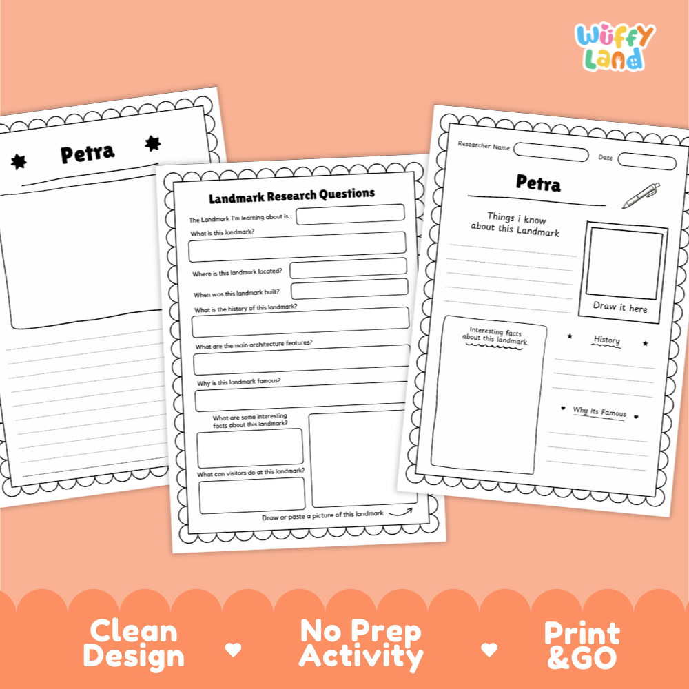 Three printable worksheet pages for a Petra landmark research activity, shown on a peach background with the Wiffy Land logo and marketing text at the bottom.