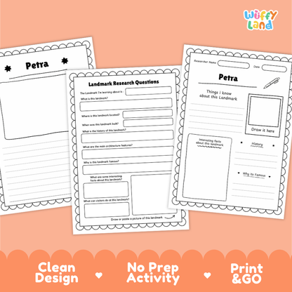 Three printable worksheet pages for a Petra landmark research activity, shown on a peach background with the Wiffy Land logo and marketing text at the bottom.