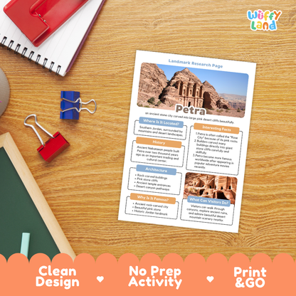 A printed educational activity sheet titled 'Petra' showing a landscape photo and labeled text boxes, placed on a wooden desk with notebooks, binder clips, and a decorative orange banner at the bottom. The sheet appears to be the product being sold rather than an auxiliary instruction graphic, so this is classified as Product/Packaging.