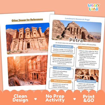A printed educational poster or booklet page about Petra, Jordan, shown over a peach-colored product mockup background. The page includes a large Petra photo and several labeled informational boxes.