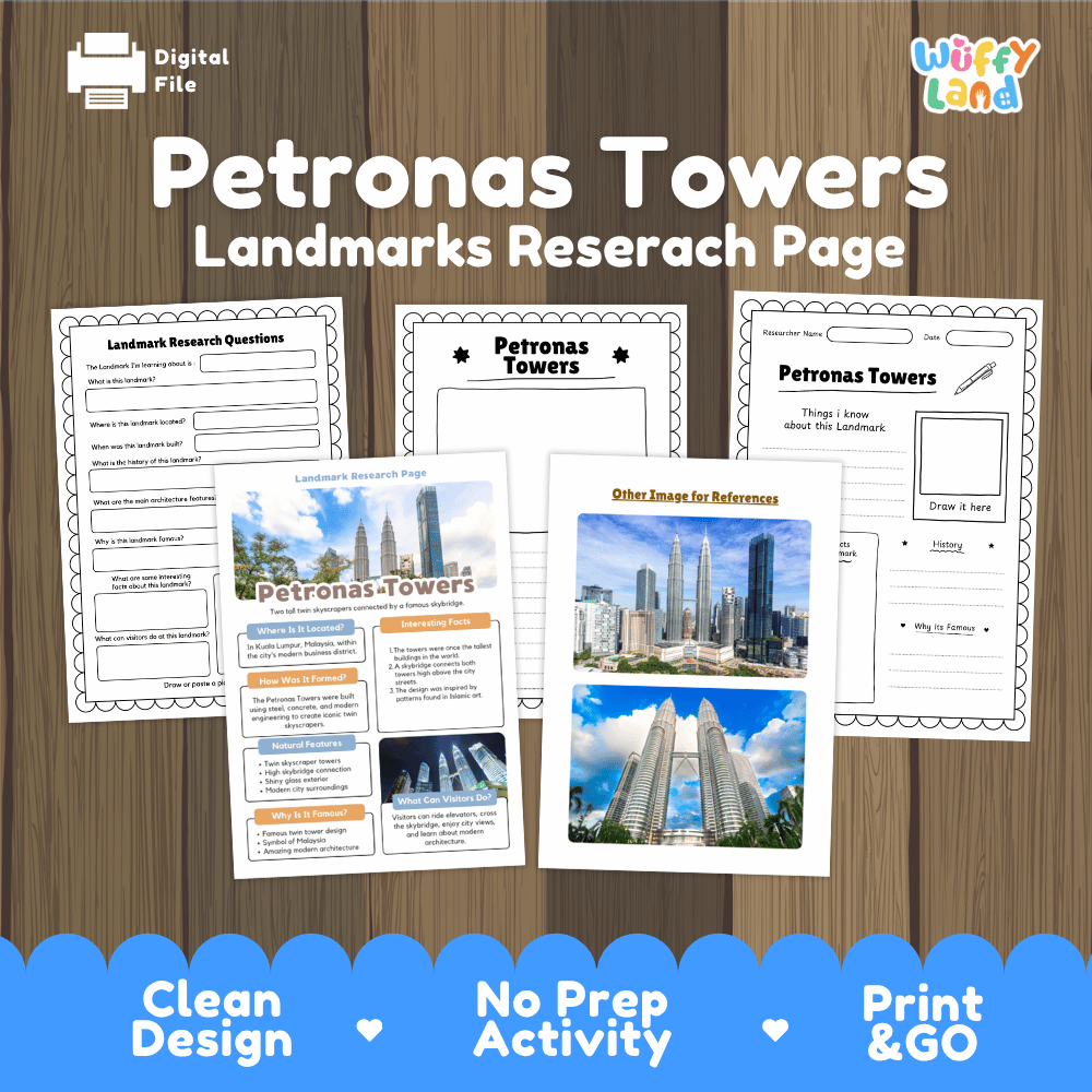 Petronas Towers landmarks research page and comprehension worksheet educational set featuring twin skyscrapers in Kuala Lumpur Malaysia and student project sheets