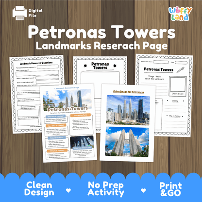 Petronas Towers landmarks research page and comprehension worksheet educational set featuring twin skyscrapers in Kuala Lumpur Malaysia and student project sheets