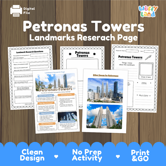 Petronas Towers landmarks research page and comprehension worksheet educational set featuring twin skyscrapers in Kuala Lumpur Malaysia and student project sheets