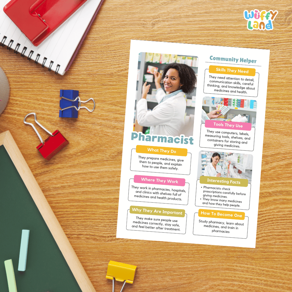 A printed informational poster about pharmacists lies on a wooden desk, surrounded by school and office props including a spiral notebook, binder clips, chalk, and a red notebook. The poster has a white background with colorful text blocks and small photos of a pharmacist in a pharmacy.