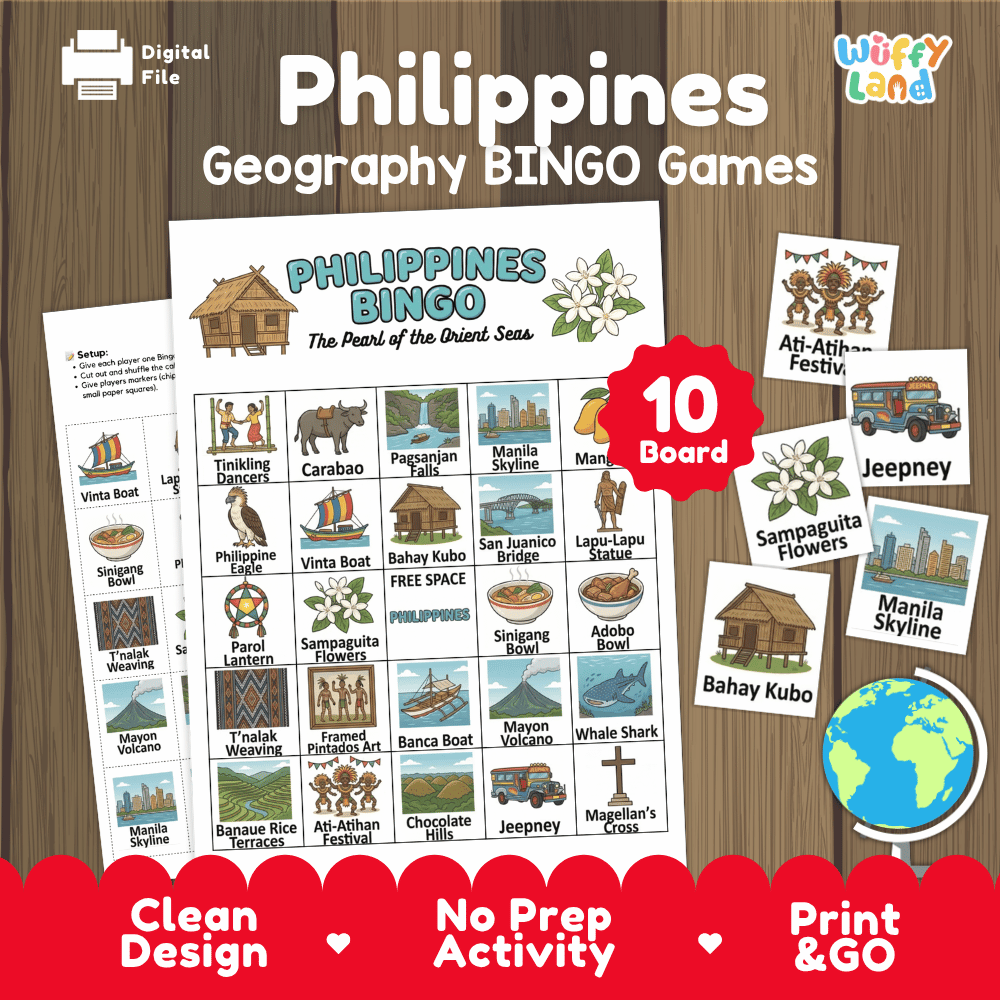 Classroom educational Bingo game cards featuring Bahay Kubo, Tinikling dancers, Jeepney, and Sampaguita flower 🎲🚐