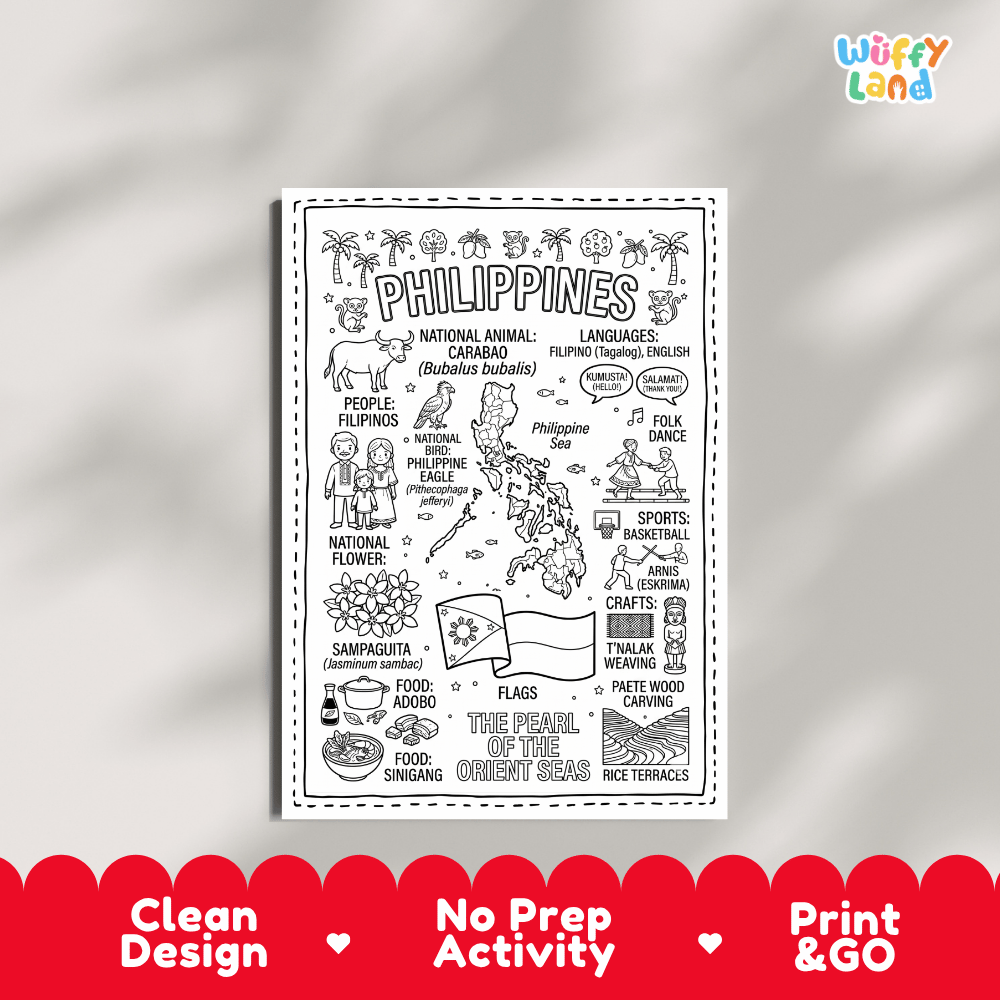 Educational activity coloring page highlighting Philippine Carabao Bubalus bubalis, Sampaguita flower Jasminum sambac, and sun flag