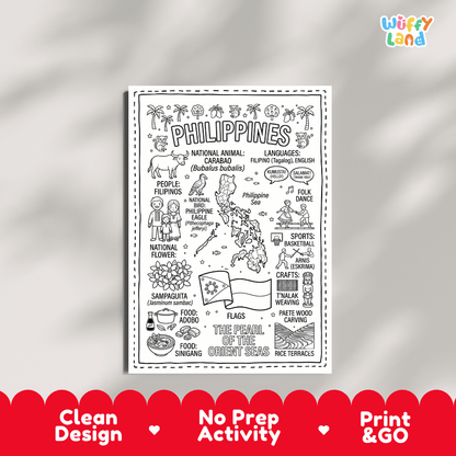 Educational activity coloring page highlighting Philippine Carabao Bubalus bubalis, Sampaguita flower Jasminum sambac, and sun flag