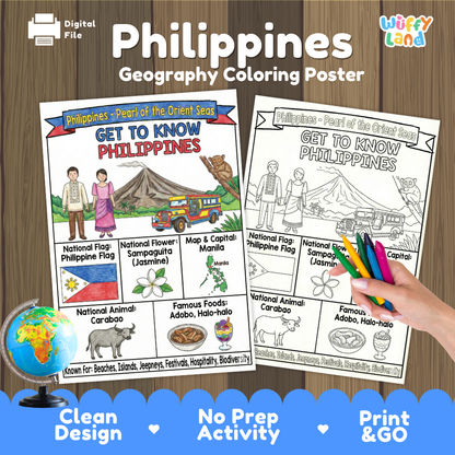 Get to know Philippines coloring poster paired with photo flashcards of El Nido Palawan, Manila Cathedral, Pancit Canton, and Tayid Lighthouse