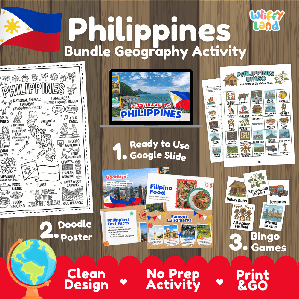 Complete Philippines geography activity bundle featuring Google Slides, doodle coloring poster, and classroom bingo games 🇵🇭🎒