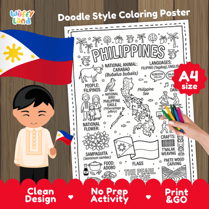 Philippines country study doodle style coloring poster printable page featuring archipelago map, carabao, and cultural symbols