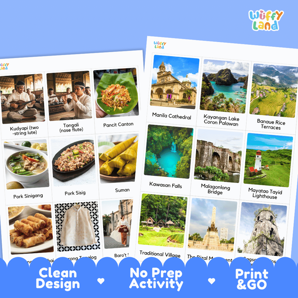 Learning flashcard pair featuring the historic Manila Cathedral and a delicious plate of Pancit Canton noodles 🍜🏛️