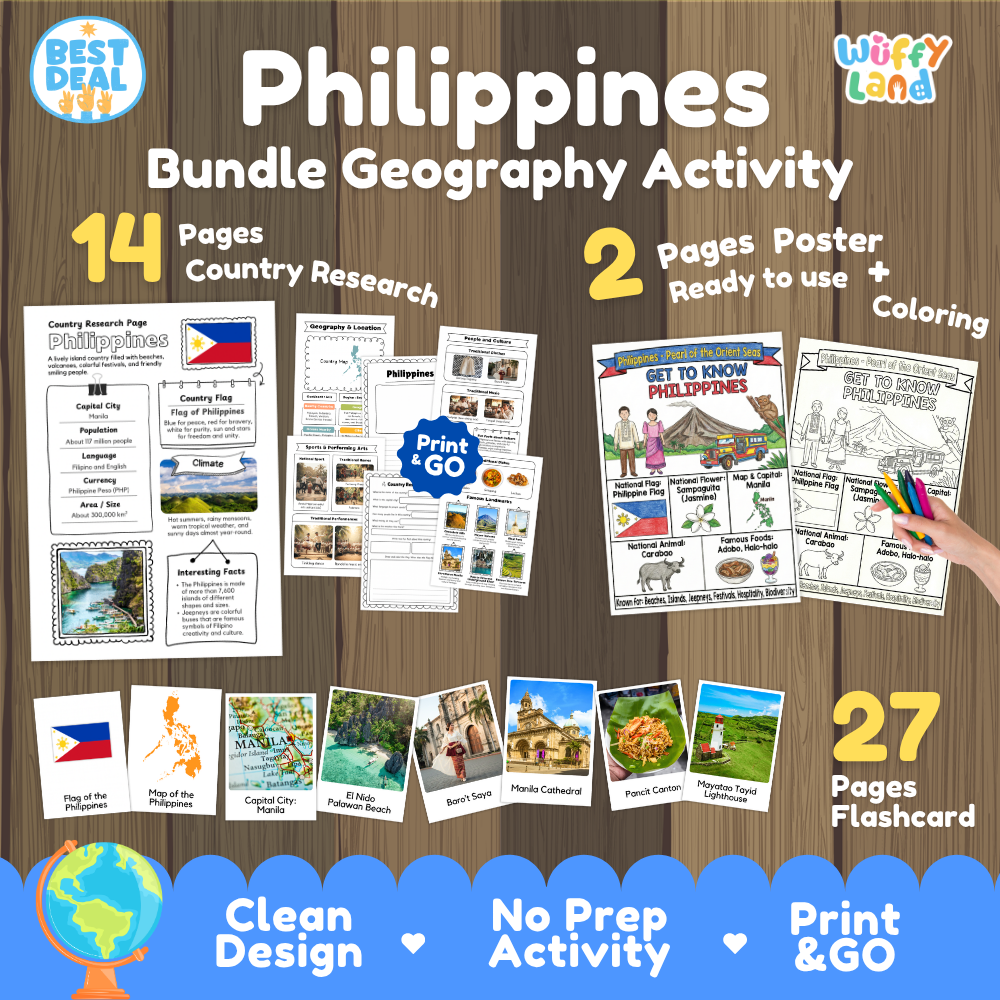 Philippines geography activity bundle cover showing 14 country research pages, 2 ready to use coloring posters, and 27 photo flashcards