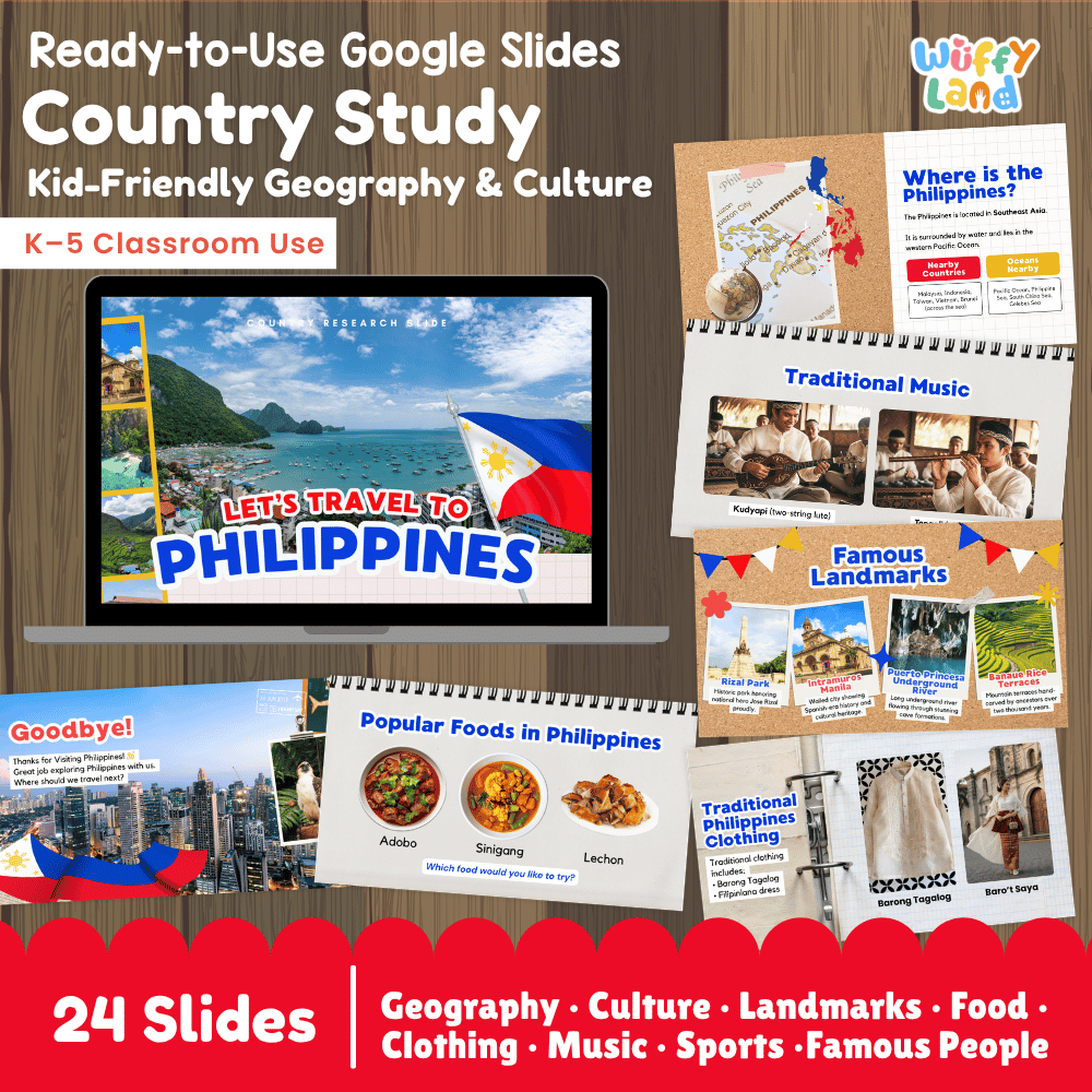 Interactive Google Slides deck displaying famous Philippine landmarks like Mayon Volcano and traditional Filipino food 💻🌋