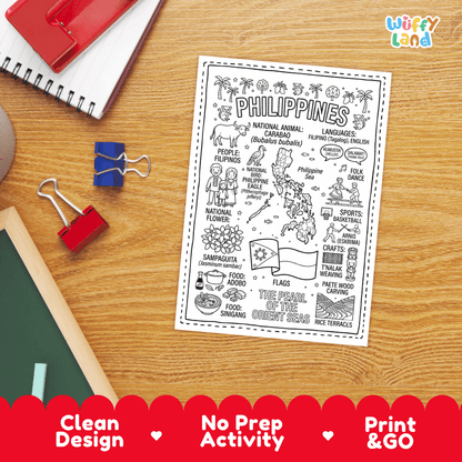 Doodle map coloring sheet showing the Philippine archipelago, Philippine Eagle, tarsier, and surrounding Philippine Sea