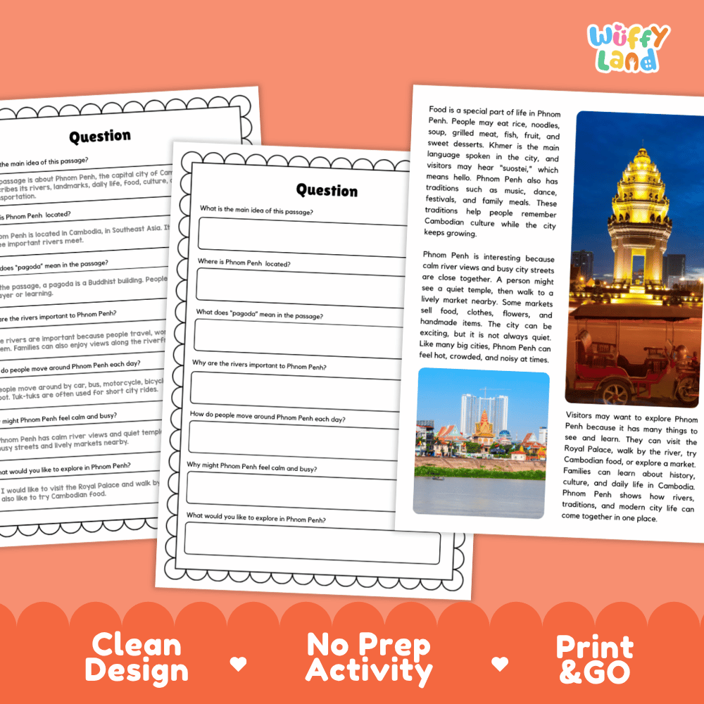 Student reading passage titled A River City of Culture detailing Phnom Penh Cambodia Royal Palace Silver Pagoda Mekong River and city photography
