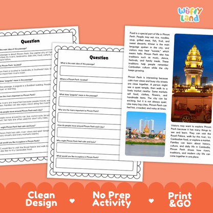 Student reading passage titled A River City of Culture detailing Phnom Penh Cambodia Royal Palace Silver Pagoda Mekong River and city photography