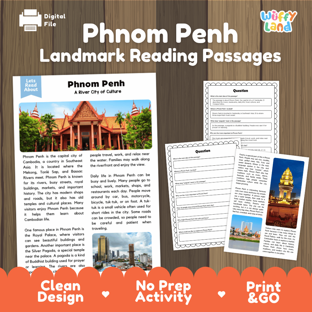 Phnom Penh landmark reading passage and comprehension worksheet educational unit featuring nonfiction text and authentic Cambodian royal architecture photography