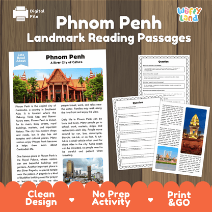 Phnom Penh landmark reading passage and comprehension worksheet educational unit featuring nonfiction text and authentic Cambodian royal architecture photography