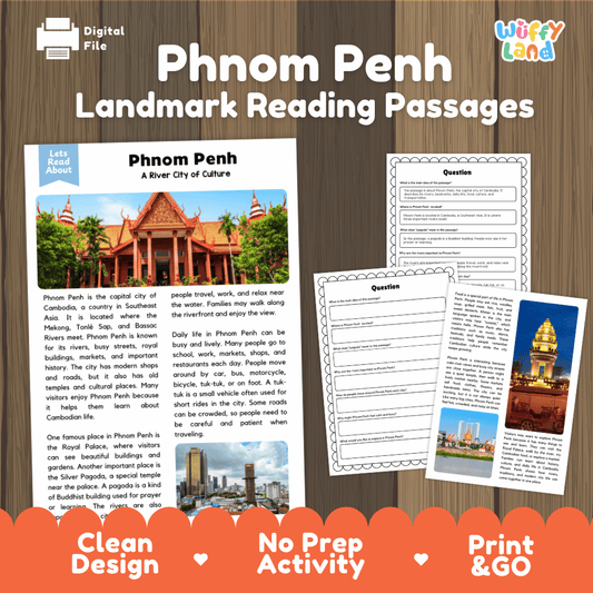 Phnom Penh landmark reading passage and comprehension worksheet educational unit featuring nonfiction text and authentic Cambodian royal architecture photography