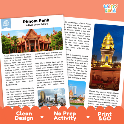 Reference sheet and answer key for Phnom Penh landmark reading passage displaying completed comprehension answers and Southeast Asian geography facts