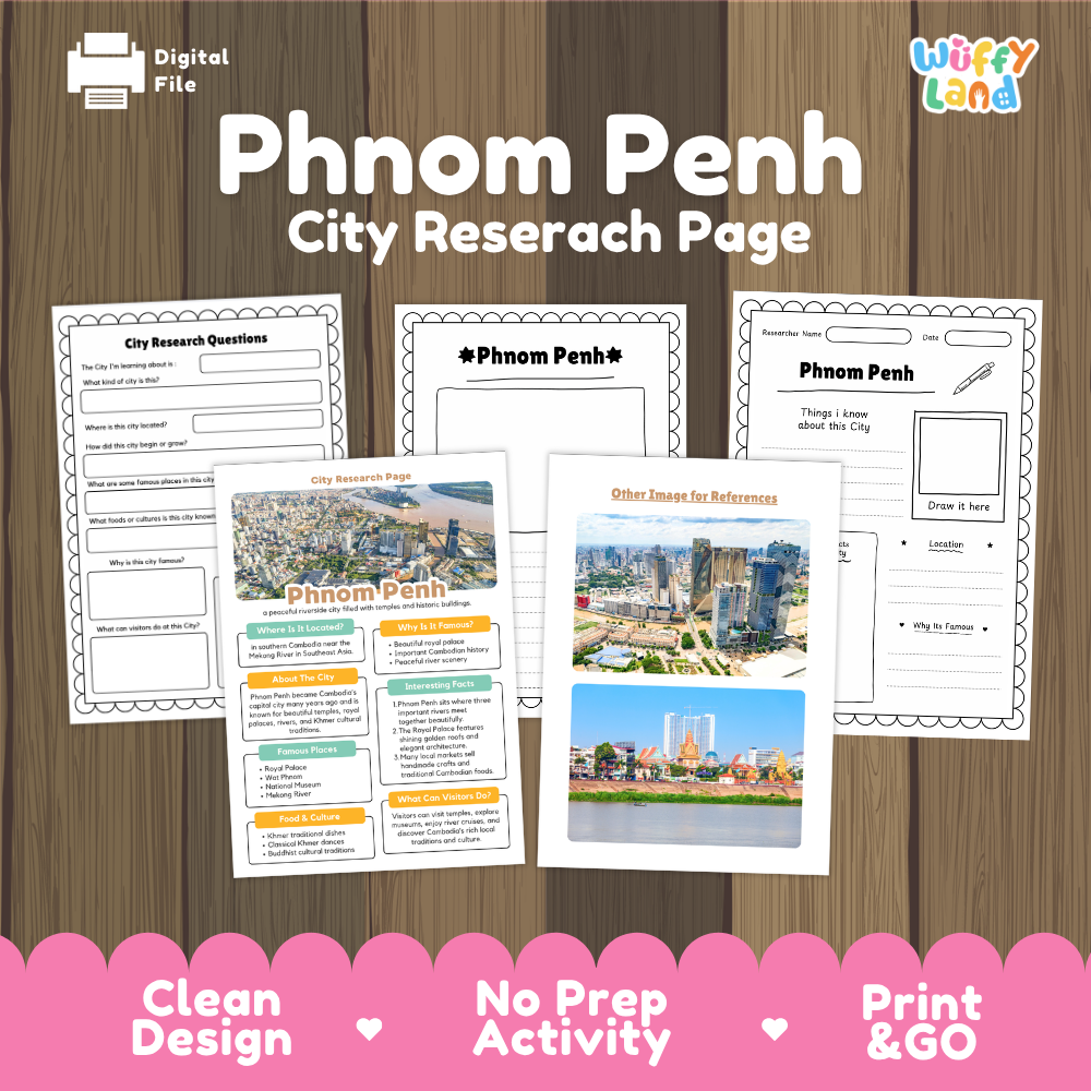 Digital preview of a Phnom Penh city research page activity sheet set by Wiffy Land, displayed on a brown wood background with a pink banner at the bottom.