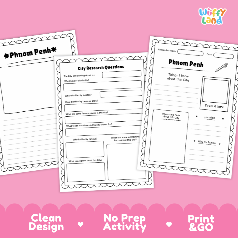 Three printable worksheet pages for a Phnom Penh city research activity, shown on a pink background with the Wiffy Land logo. The pages include writing prompts, labeled sections, and a drawing area.