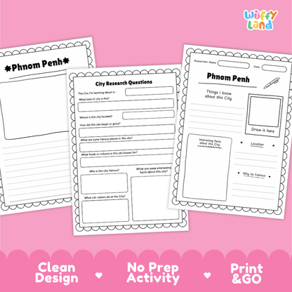 Three printable worksheet pages for a Phnom Penh city research activity, shown on a pink background with the Wiffy Land logo. The pages include writing prompts, labeled sections, and a drawing area.