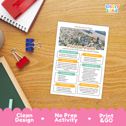 A printed city research page about Phnom Penh lies on a wooden desk, surrounded by school supplies including a spiral notebook, binder clips, a chalkboard, and a pink banner at the bottom that reads 'Clean Design', 'No Prep Activity', and 'Print & GO'. The 'Wiffly Land' logo appears in the top right corner.