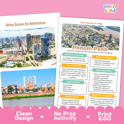 Two printed activity sheets for a Cambodia city research project titled 'Phnom Penh' are shown on a pink background. The sheets include city photos, text sections, and colorful headers.