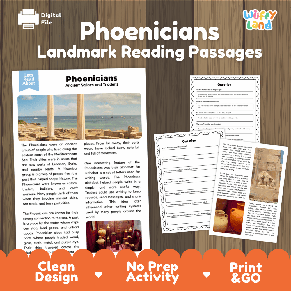 Phoenicians landmark reading passages educational study unit featuring nonfiction reading worksheets and authentic Mediterranean coastal ruins photography