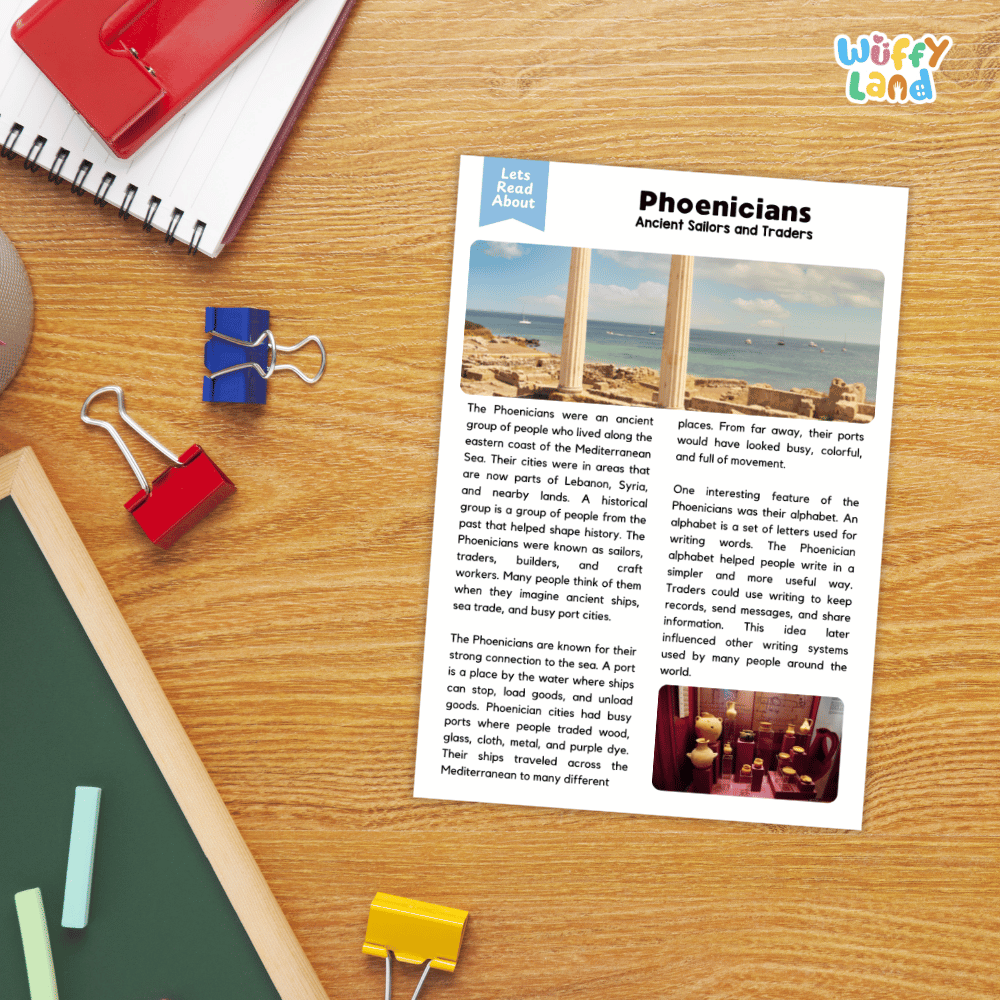 Lined reading comprehension question worksheet covering main ideas, vocabulary terms, and landmark facts about the Phoenicians