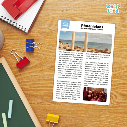 Lined reading comprehension question worksheet covering main ideas, vocabulary terms, and landmark facts about the Phoenicians