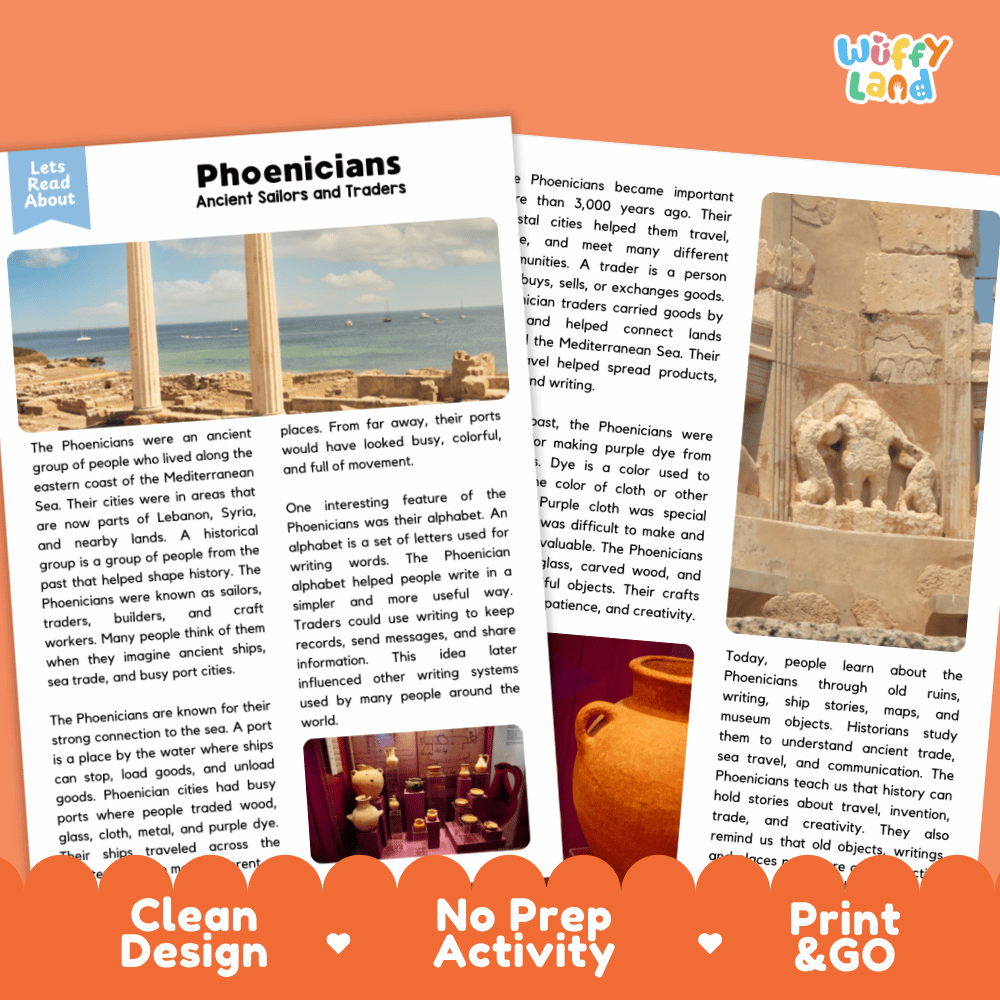 Reference sheet and answer key for Phoenicians landmark reading passage displaying completed comprehension answers and ancient Mediterranean history facts
