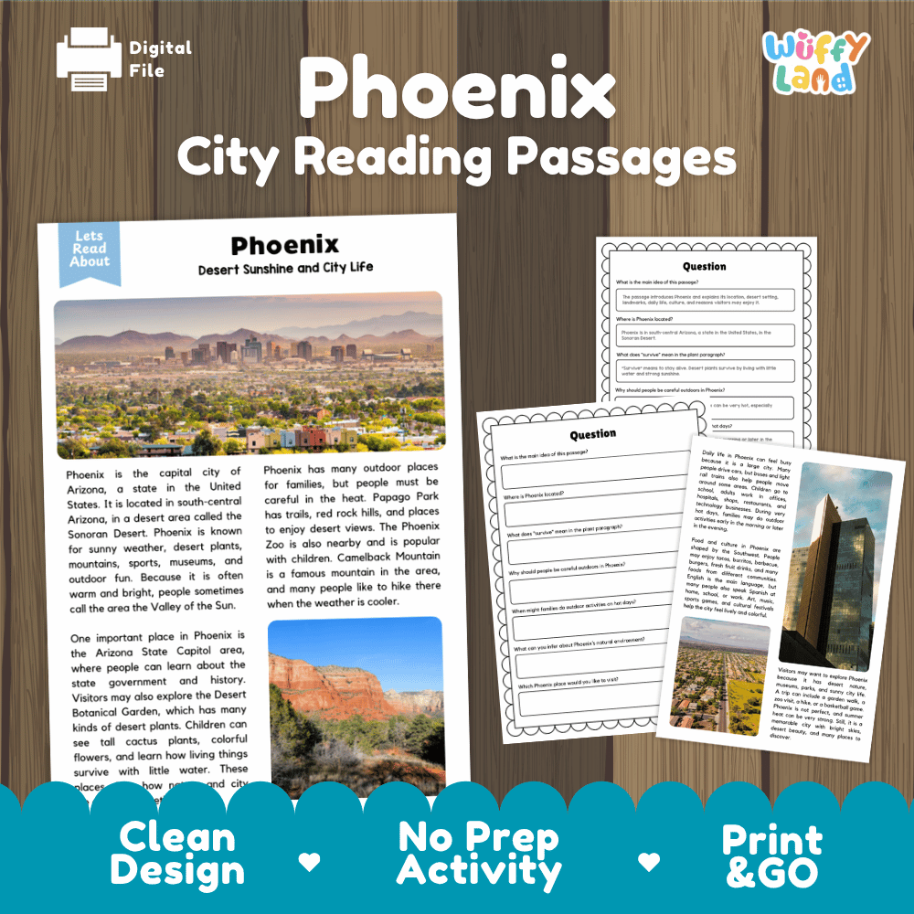 Phoenix city reading passages and comprehension worksheet educational unit featuring nonfiction text and authentic Phoenix Arizona mountain skyline photography