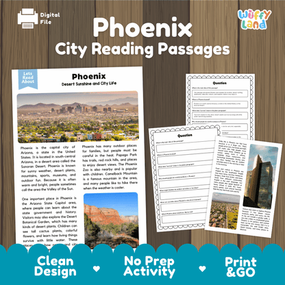 Phoenix city reading passages and comprehension worksheet educational unit featuring nonfiction text and authentic Phoenix Arizona mountain skyline photography
