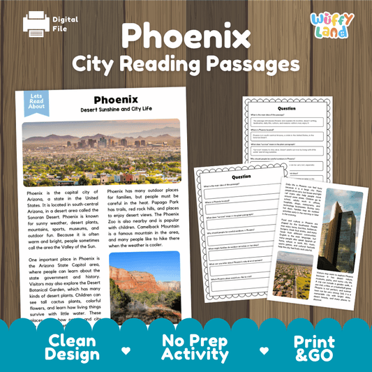 Phoenix city reading passages and comprehension worksheet educational unit featuring nonfiction text and authentic Phoenix Arizona mountain skyline photography