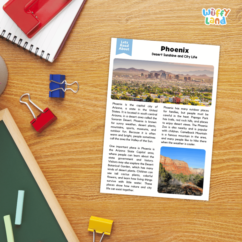 Lined reading comprehension question worksheet covering main ideas vocabulary terms plant survival and landmark facts about Phoenix Arizona