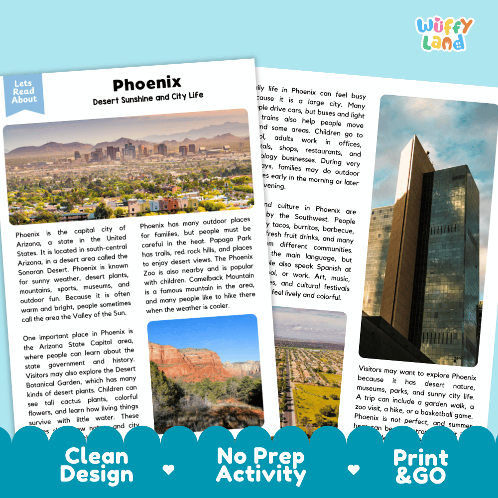 Reference sheet and answer key for Phoenix landmark reading passage displaying completed comprehension answers and United States geography facts