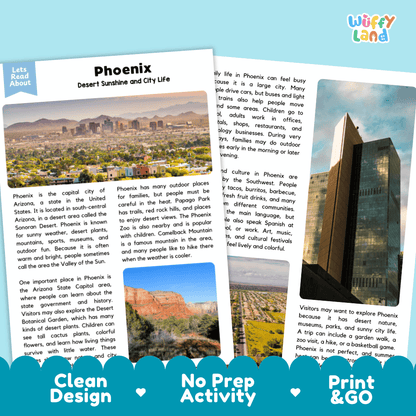 Reference sheet and answer key for Phoenix landmark reading passage displaying completed comprehension answers and United States geography facts