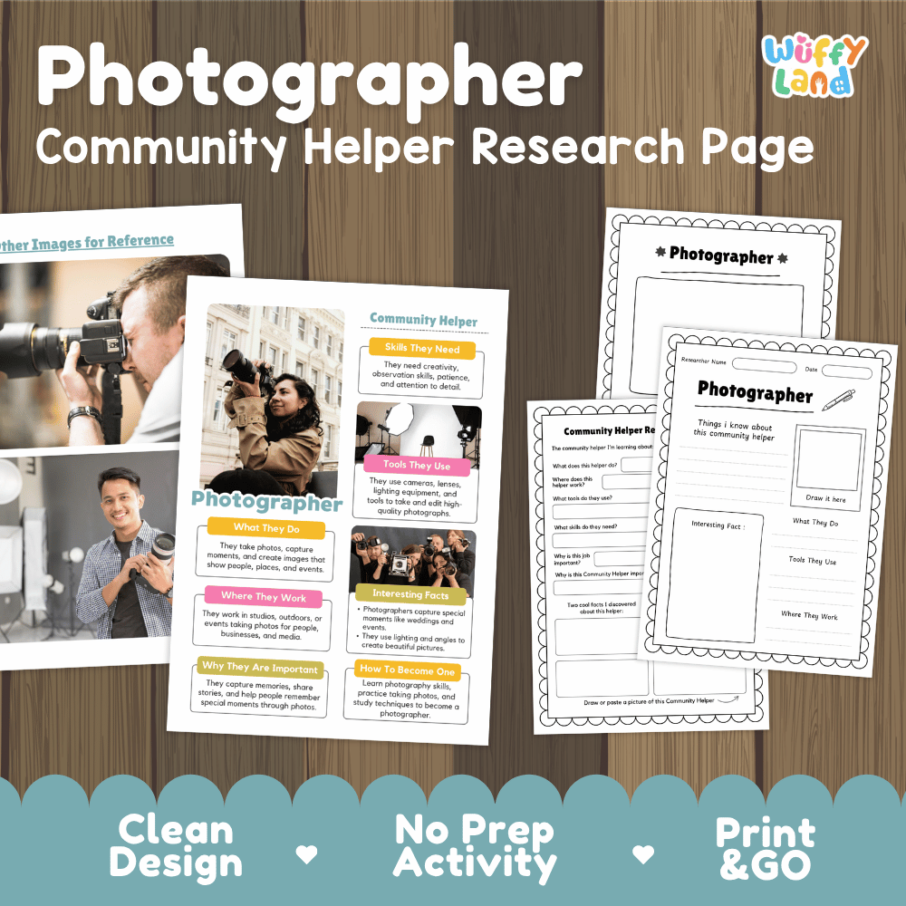 Photographer community helper research page writing worksheets pack featuring real photos and student activity pages for elementary social studies and visual arts