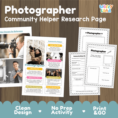 Photographer community helper research page writing worksheets pack featuring real photos and student activity pages for elementary social studies and visual arts