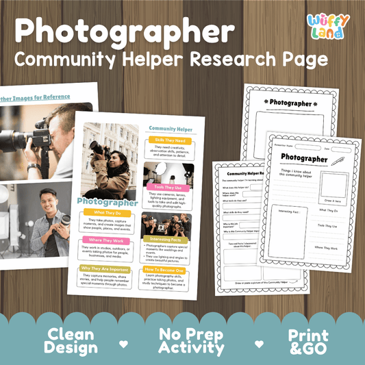 Photographer community helper research page writing worksheets pack featuring real photos and student activity pages for elementary social studies and visual arts