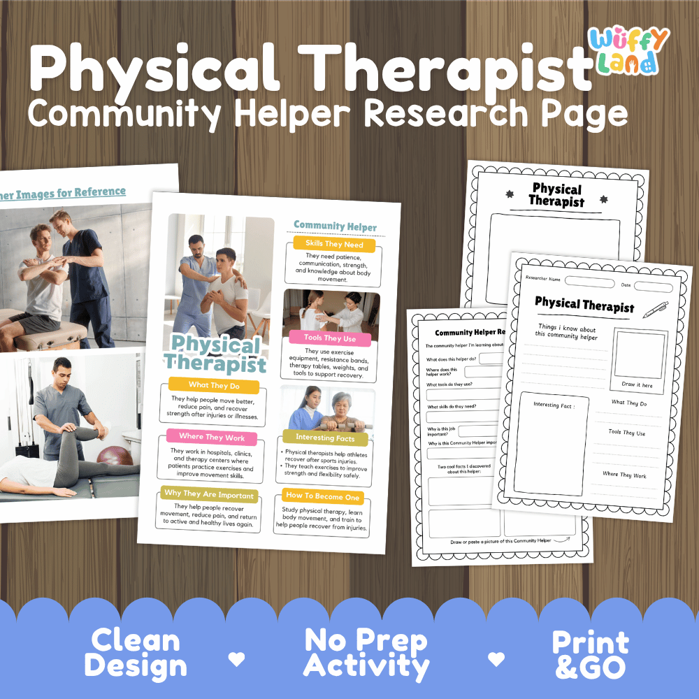 Physical therapist community helper research page writing worksheets pack featuring real photos and student activity pages for elementary social studies