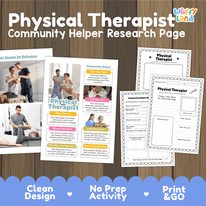 Physical therapist community helper research page writing worksheets pack featuring real photos and student activity pages for elementary social studies